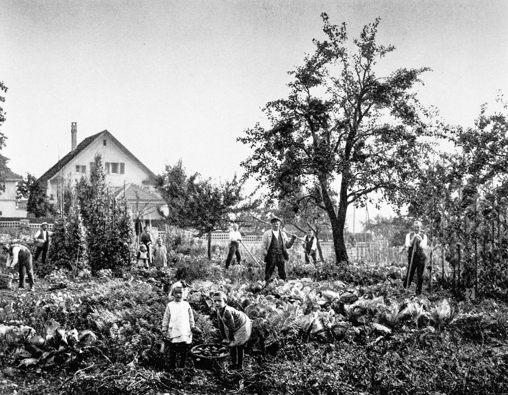 Pantlibewohnerinnen und -bewohner in ihren Gärten, 1926. Foto: 30 Jahre Aktiengesellschaft, 1926 / Stadtarchiv