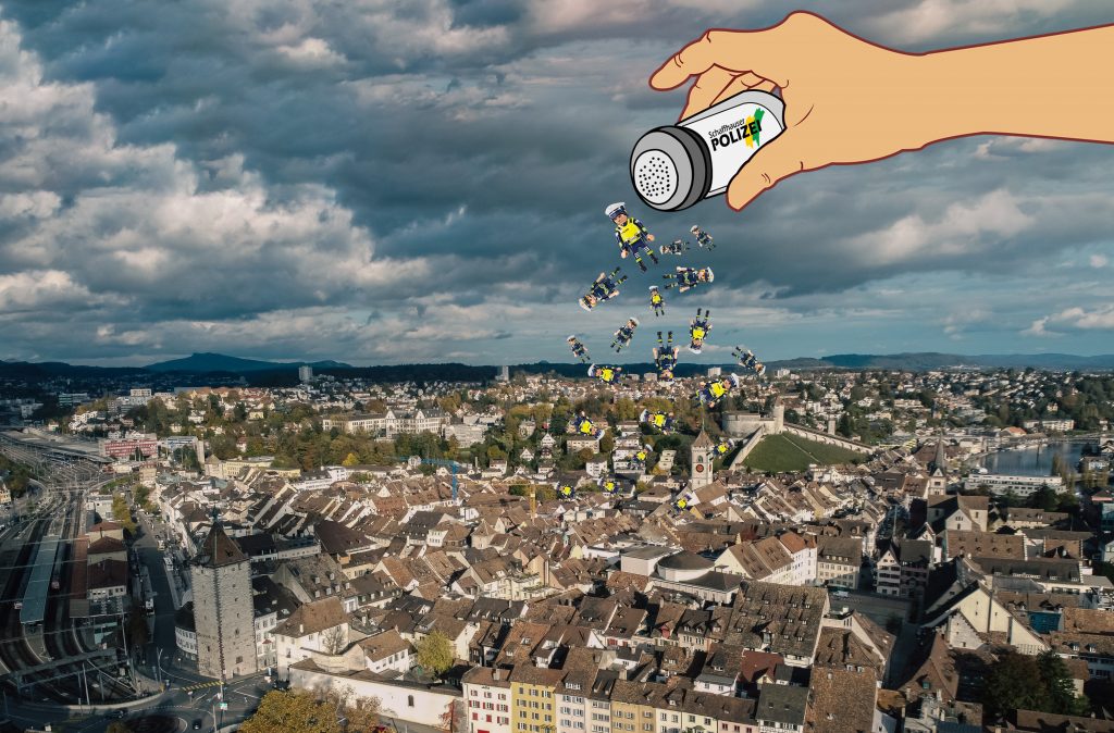 Fotomontage: Ein Salzstreuer streut zusätzliche Polizeikräfte über Schaffhausen