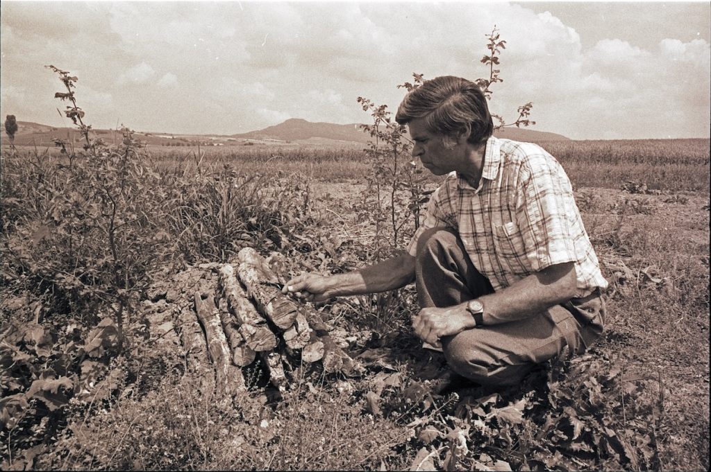 1992: Fritz Uehlinger begutachtet den Zustand eines Insektenhotels auf seiner Buntbrache. Seine Pionierarbeit und die Bemühungen Klettgauer Landwirt:innen fördern den Lebensraum seltener einheimischer Arten bis heute. Foto: Peter Pfister