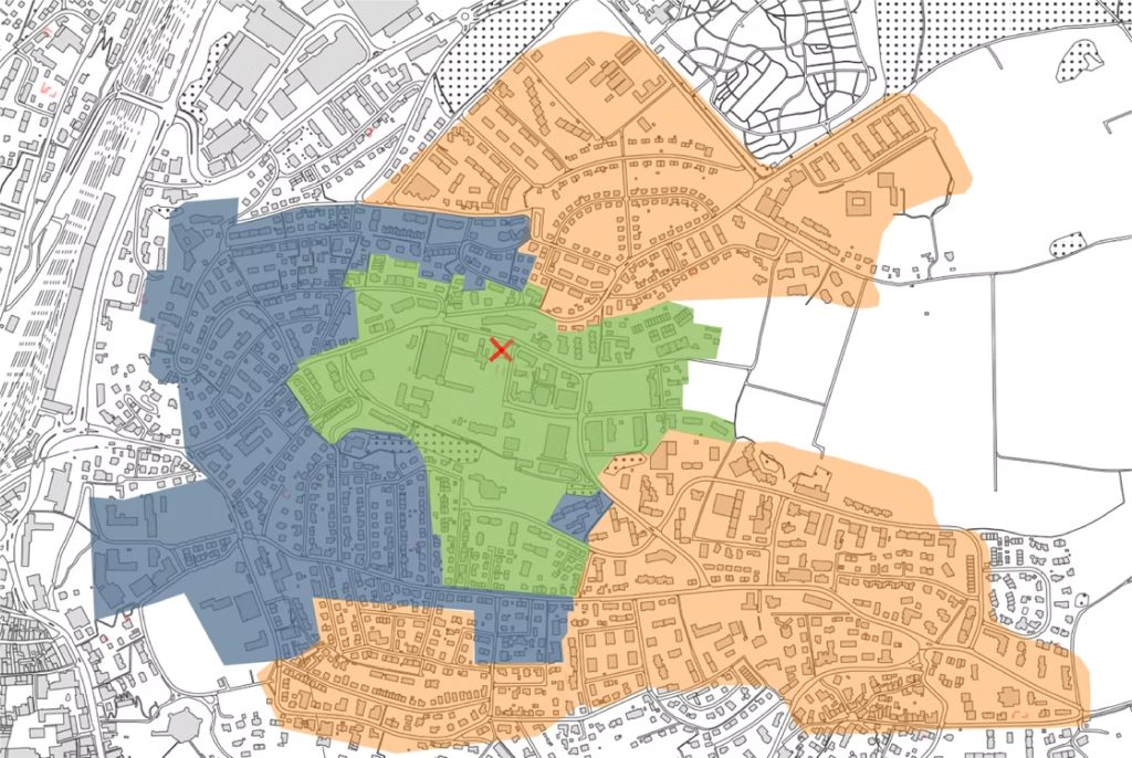 Gruben und Ungarbühl / Emmersberg (grün, blau) wurden dem Energieverbund Ost bewilligt, die orangen Gebiete würde er ebenfalls gerne von der Zentrale (rot markiert) aus beheizen. Dort plant die Stadt jedoch in grossen Teilen eigene Wärmeverbünde. Quelle: Energieverbund Ost
