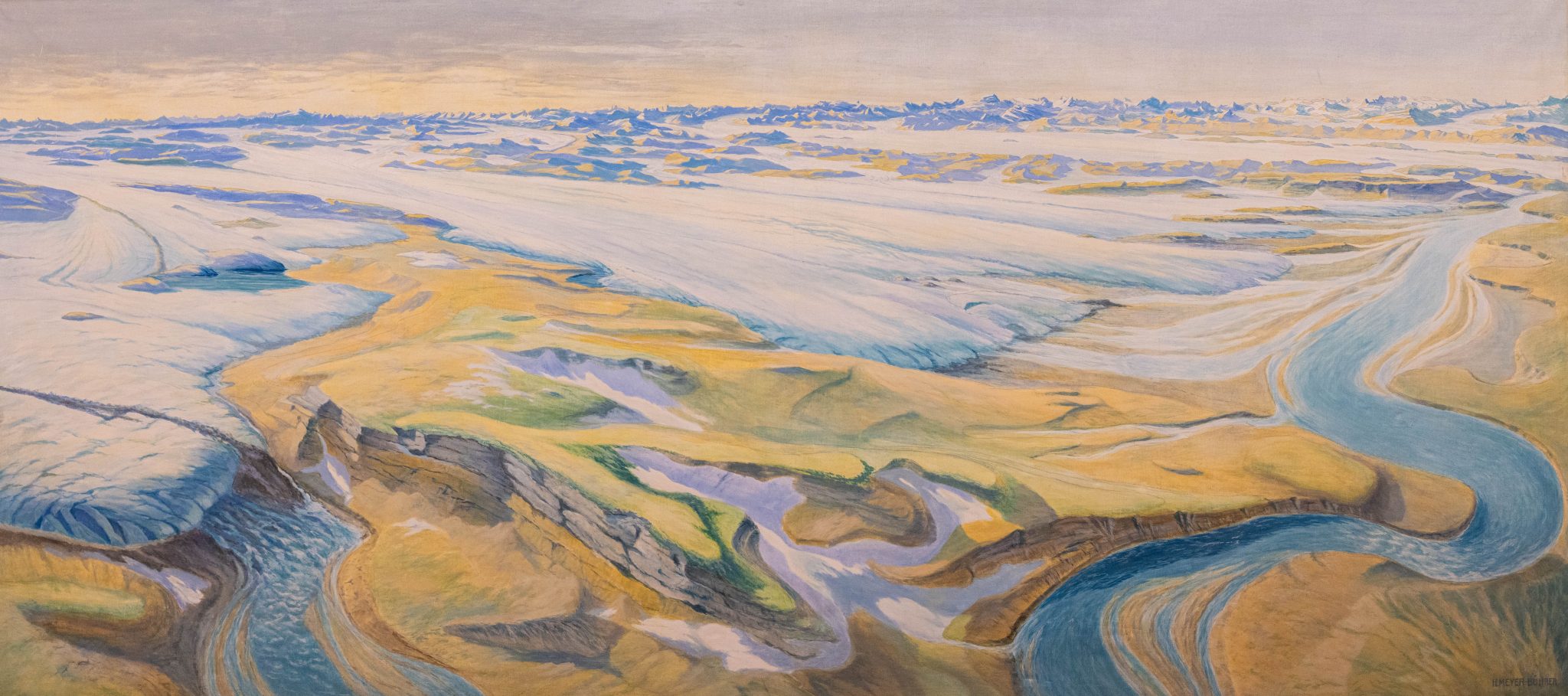 1942 hielt Heinrich Meyer-Bührer seine Vorstellung der Region am Ende der letzten Kaltzeit in Gouache fest: Links fällt das Schmelzwasser des Rheingletschers über den späteren Rheinfallfelsen und bildet unten rechts die Schlaufe bei Rheinau. Weiter hinten erstreckt sich das Alpenvorland. zVg