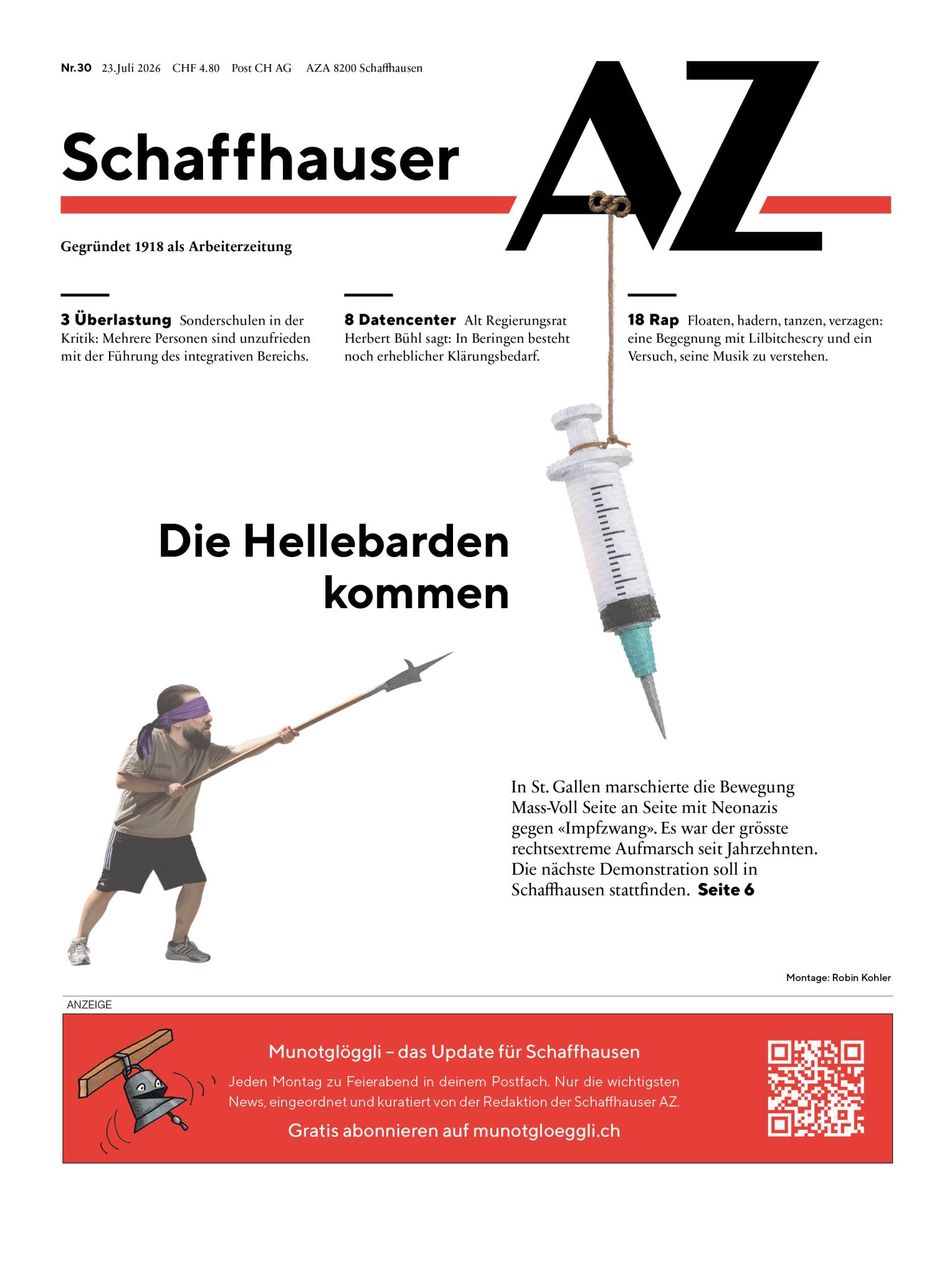 Titelseite der AZ vom 23. Juli 2026: Ein nicht besonders heller Barde mit einer Hellebarde kämpft gegen eine Piñata in Form einer Spritze.
